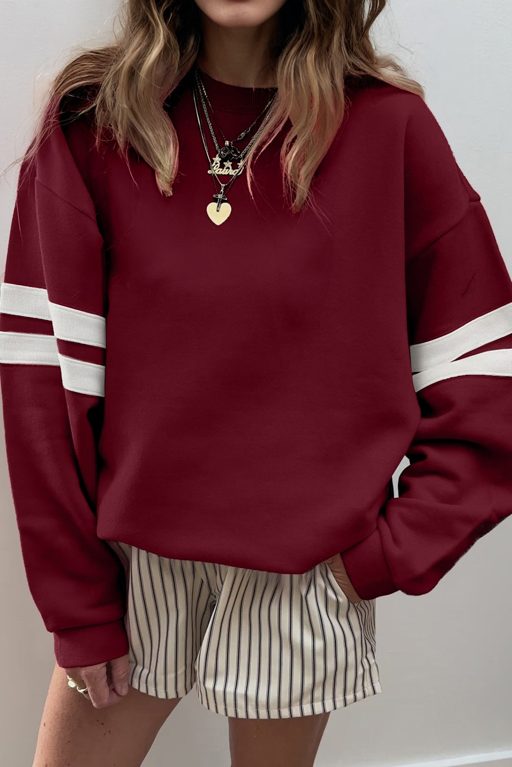Navy Blue Varsity Striped Detail Drop Shoulder Oversized Sweatshirt