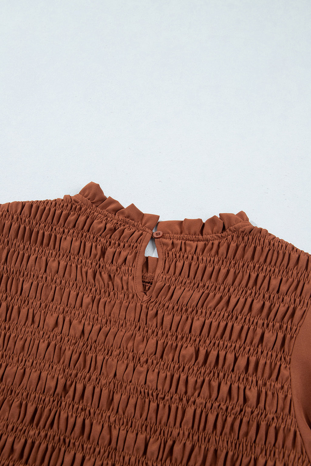 Coffee Solid Color Smocked Ruffle Hem Long Sleeve Blouse