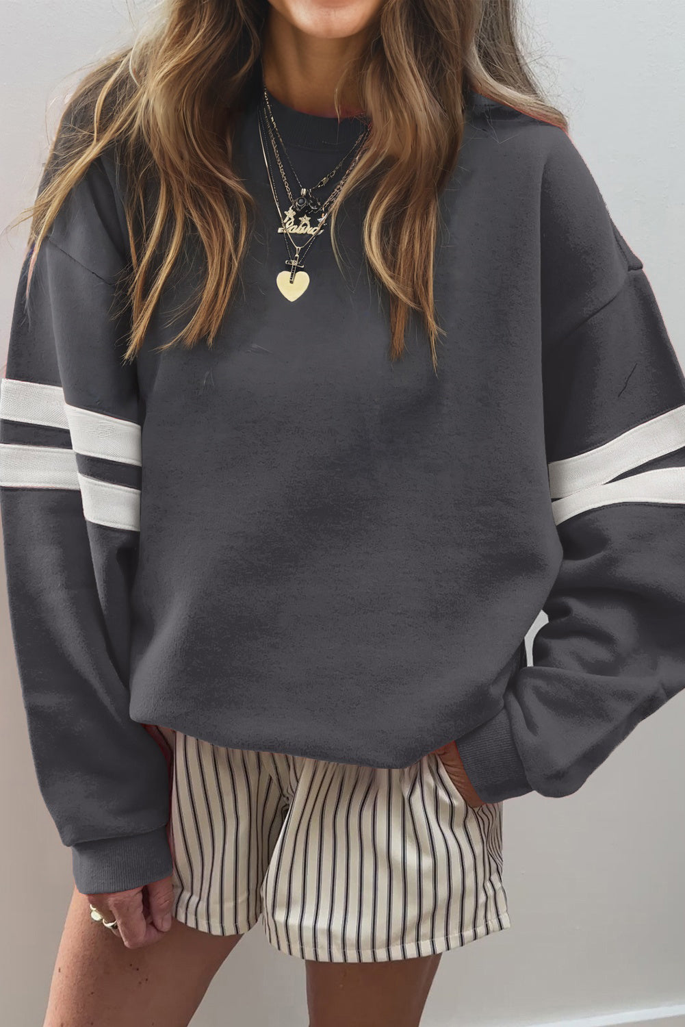 Navy Blue Varsity Striped Detail Drop Shoulder Oversized Sweatshirt