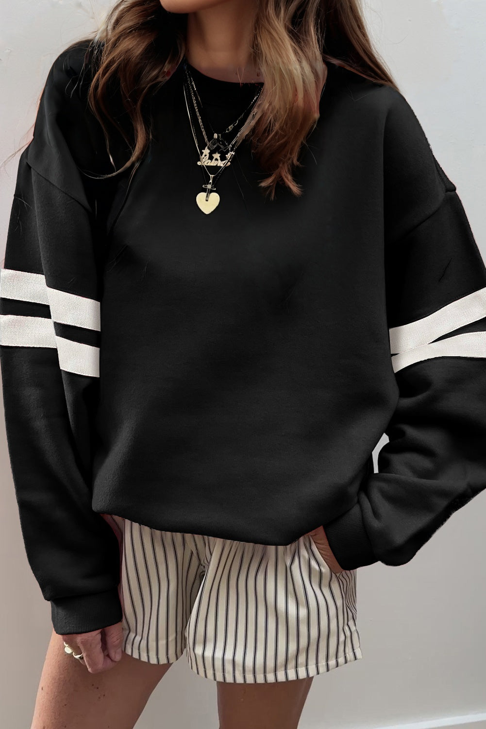 Navy Blue Varsity Striped Detail Drop Shoulder Oversized Sweatshirt