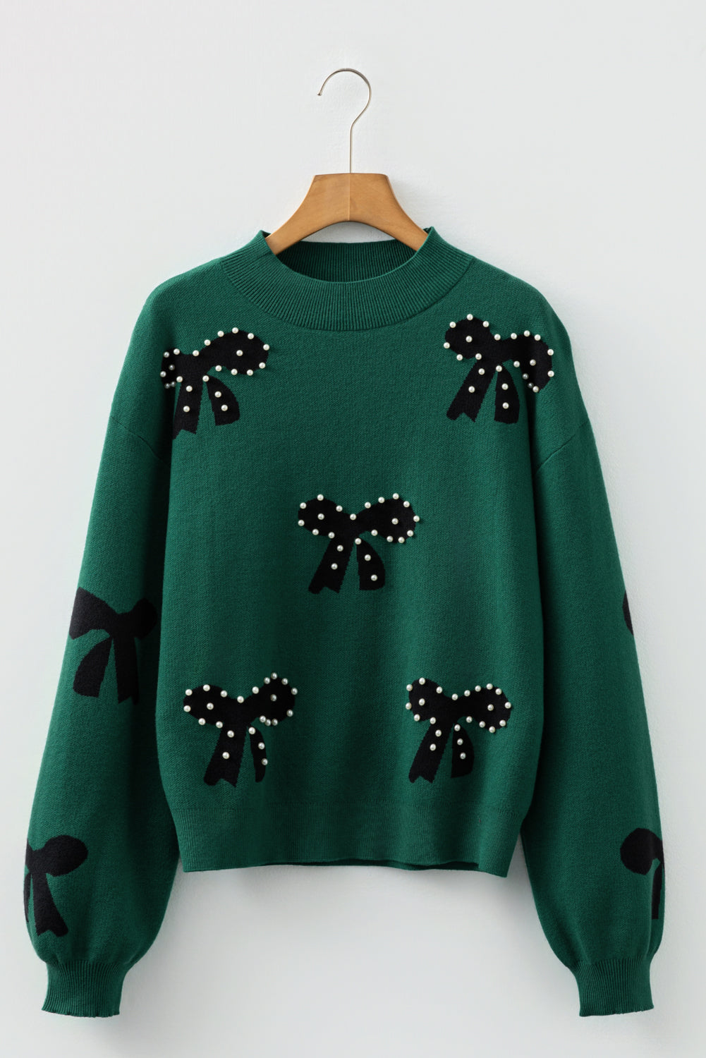 Racing Red Pearl Embellished Bow Pattern Loose Sweater