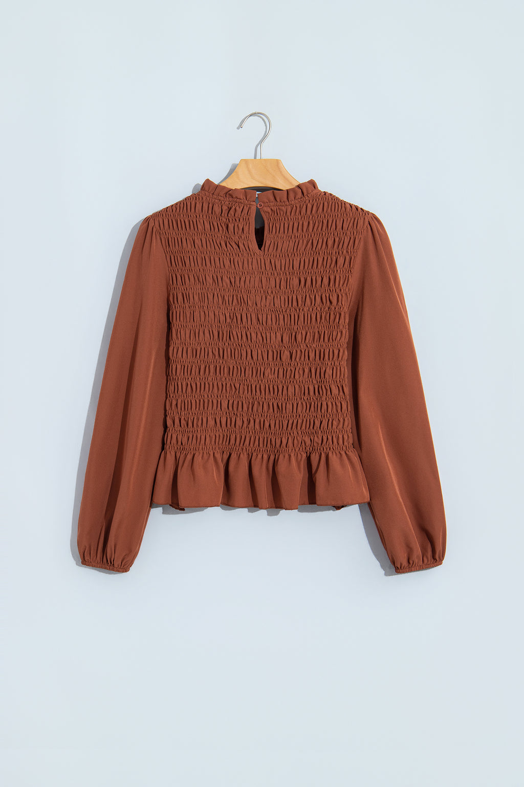 Coffee Solid Color Smocked Ruffle Hem Long Sleeve Blouse