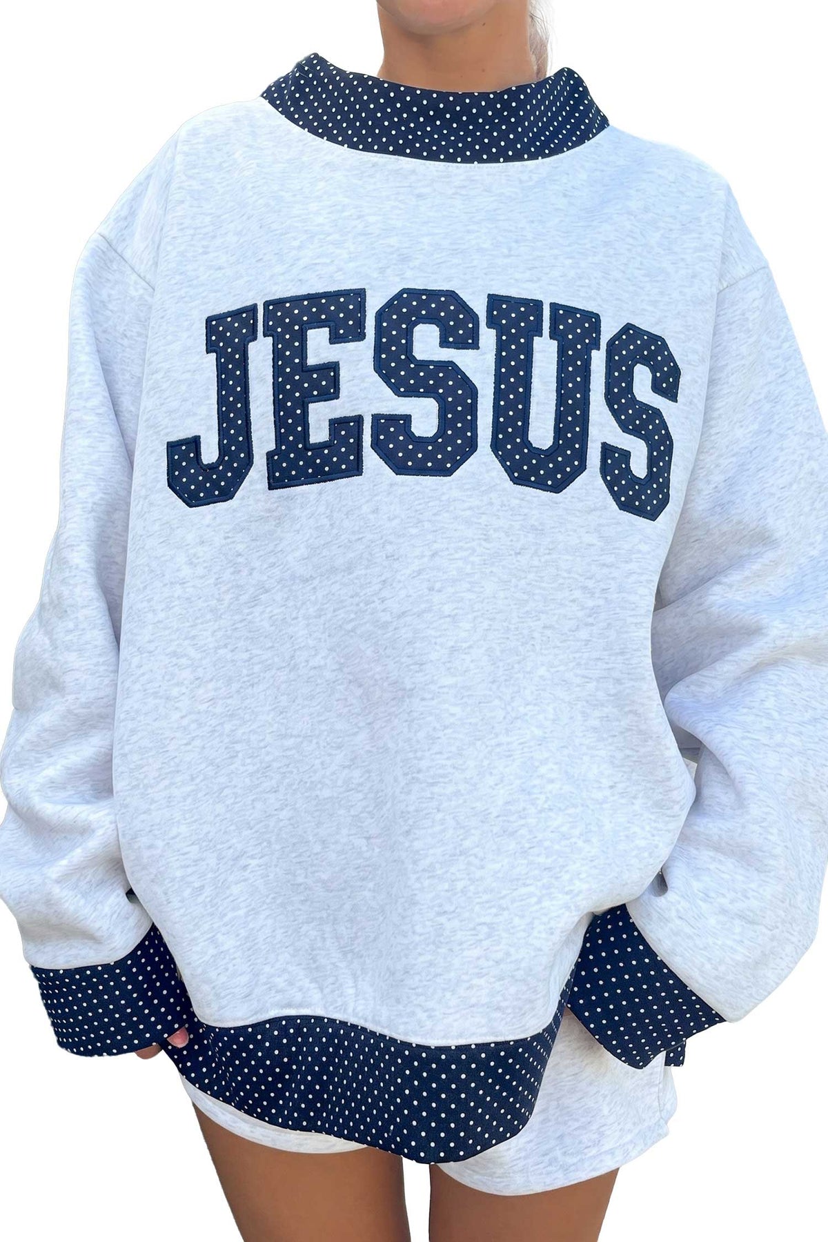 Light Grey Polka Dot Contrast Trim JESUS Letter Graphic Sweatshirt