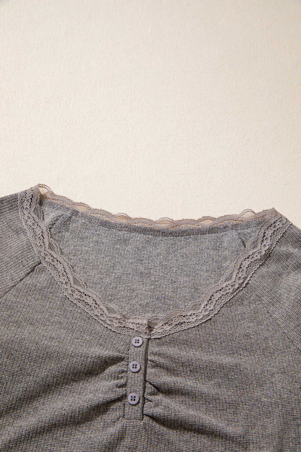 Medium Grey Solid Color Ribbed Lace Trim V-Neck Button Detail Long Sleeve Top