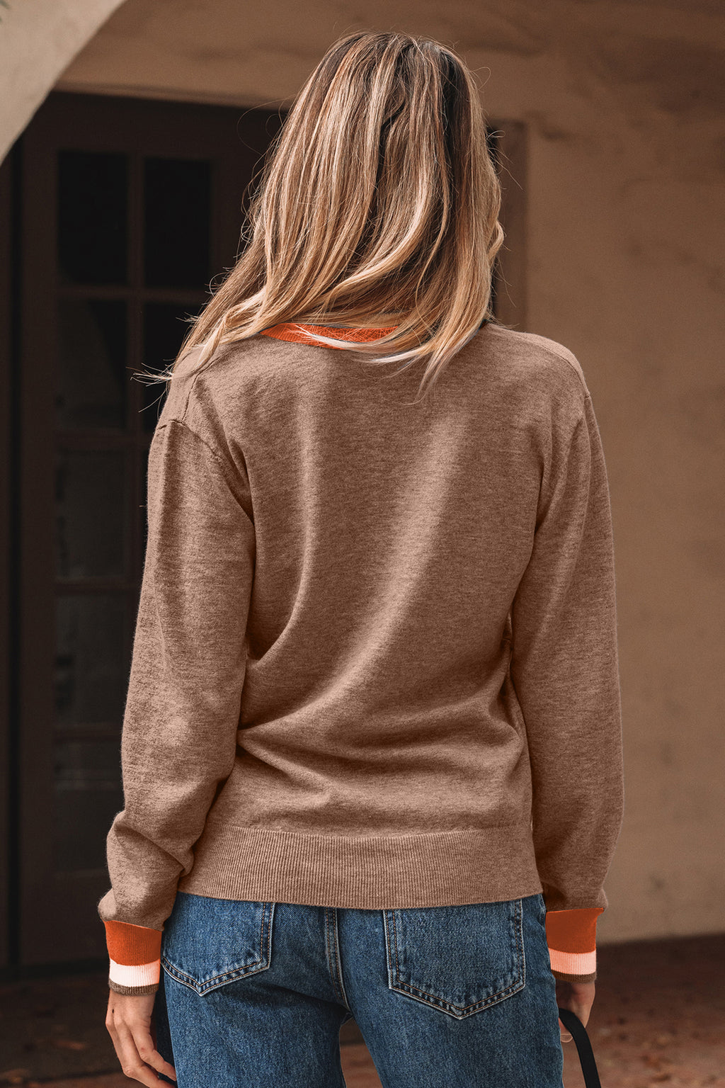 Gray Contrast Striped Trim V Neck Varsity Sweater