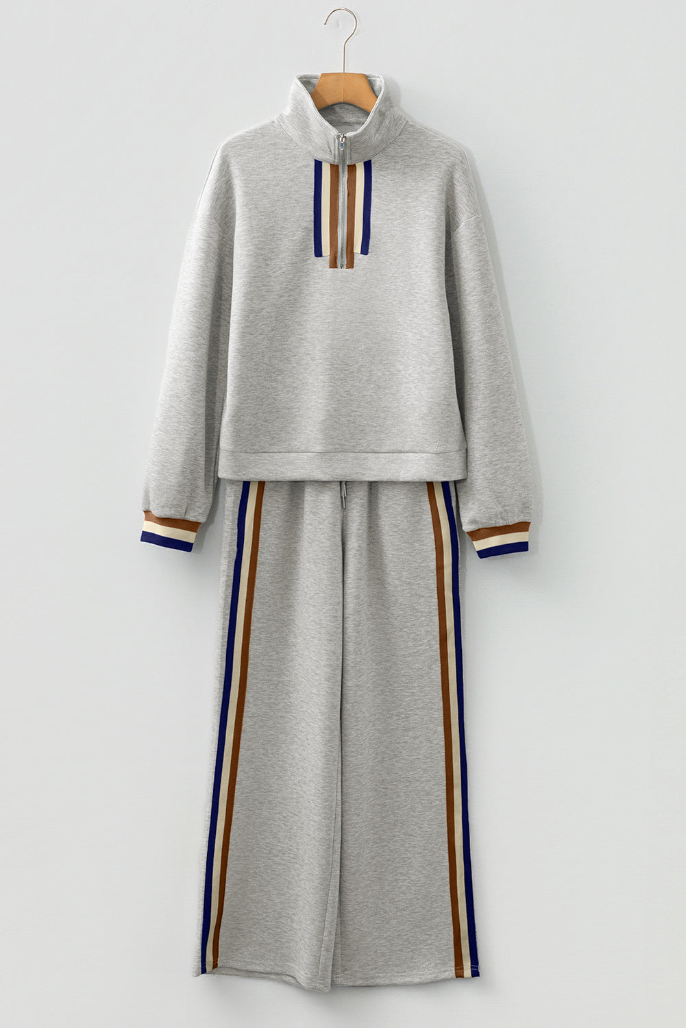 Apricot Striped Patchwork Quarter Zip Pullover Loose Pant Set