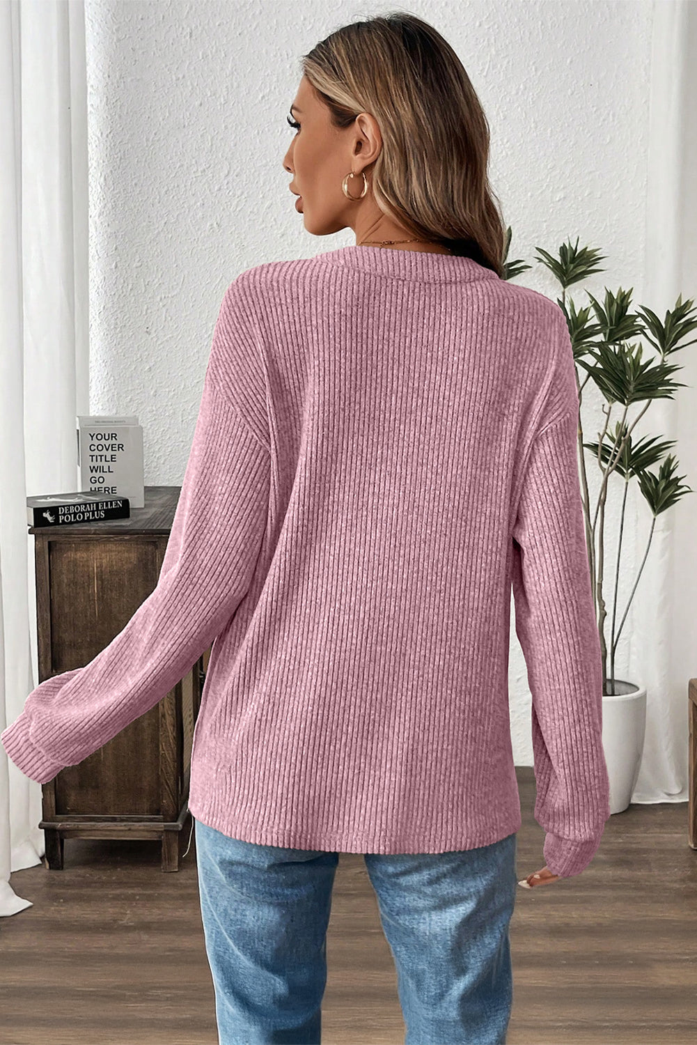 Clearly Aqua Ribbed Texture Drop Shoulder Henley Knit Top