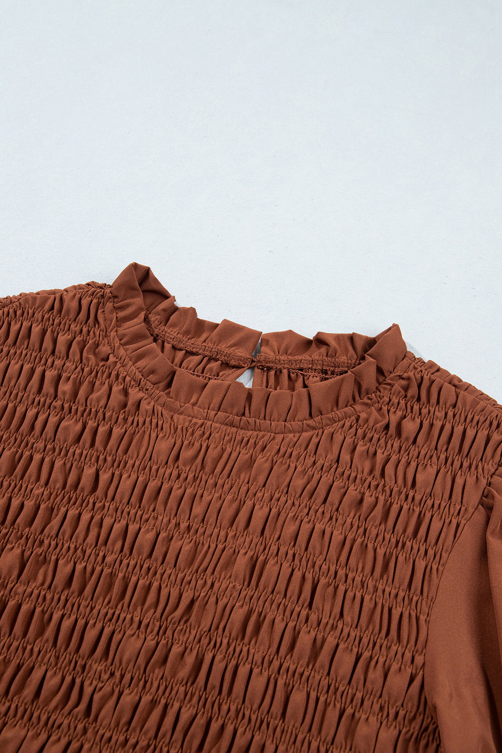 Coffee Solid Color Smocked Ruffle Hem Long Sleeve Blouse