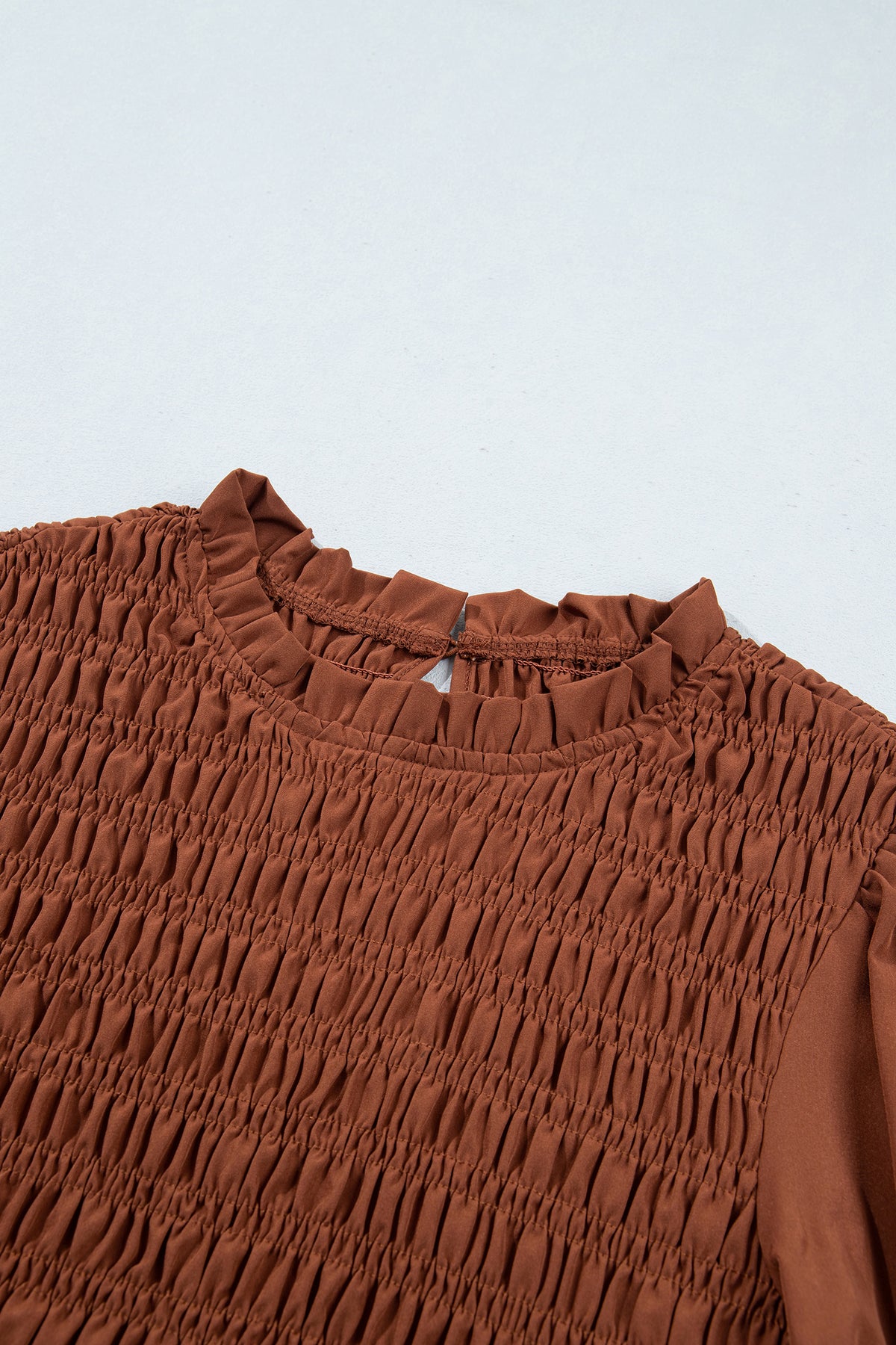 Coffee Solid Color Smocked Ruffle Hem Long Sleeve Blouse