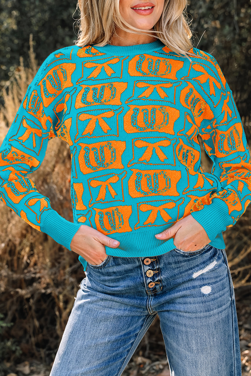 Black Bows & Horseshoes Pattern Western Fashion Print Sweater