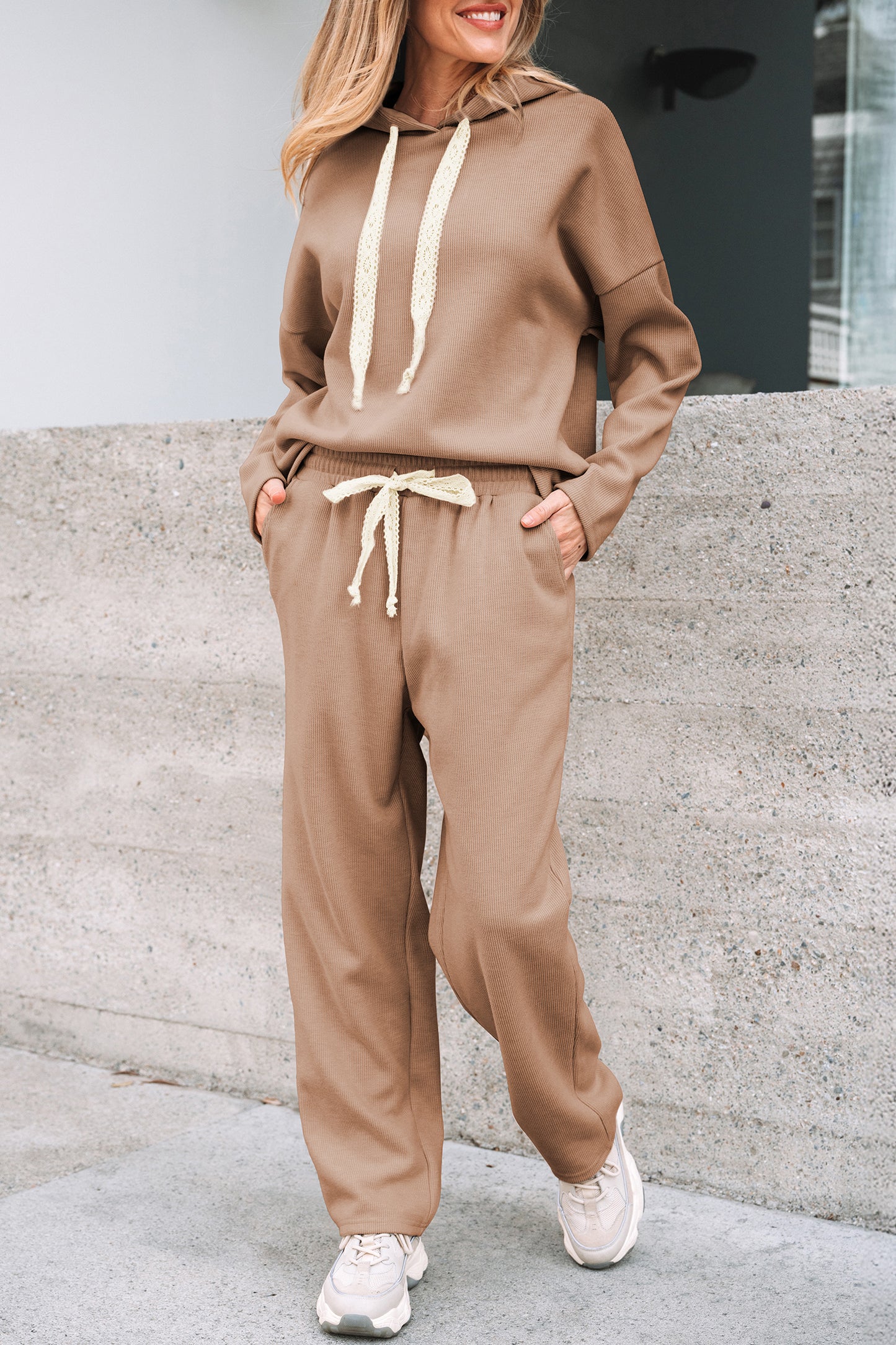 Parchment Leopard Drawstring Pullover Hoodie and High Waist Pants Corduroy Suit