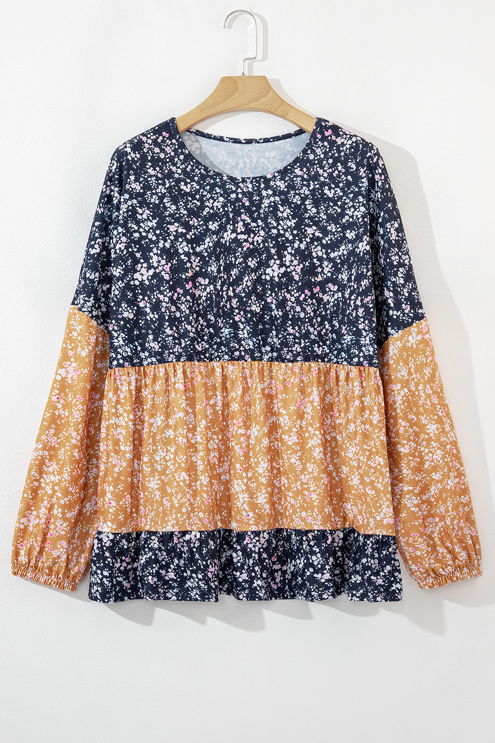 Orange Floral Color Block Patchwork Ruffled Hem Round Neck Blouse