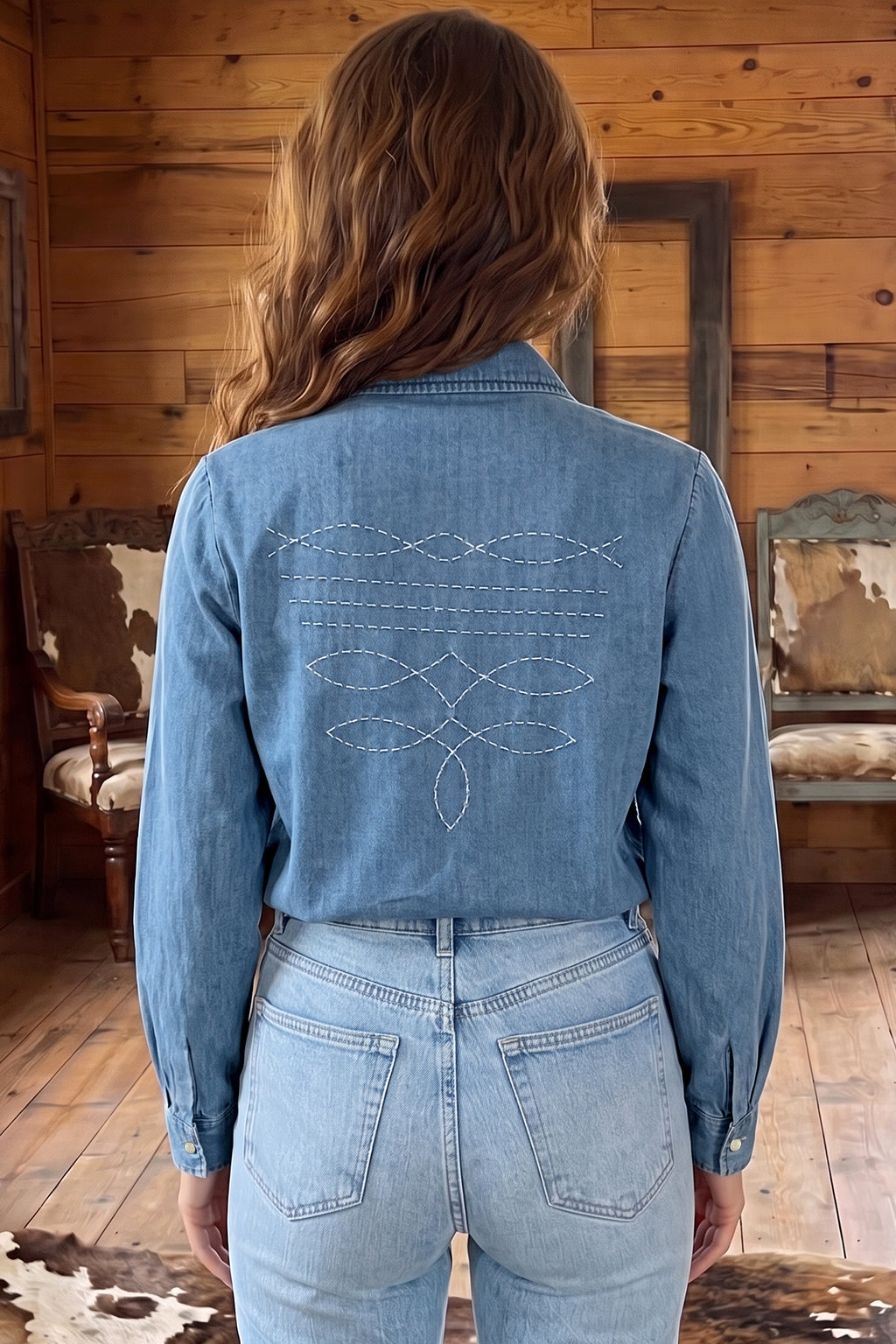 Myosotis Embroidered Western Detail Long Sleeve Collar Shirt