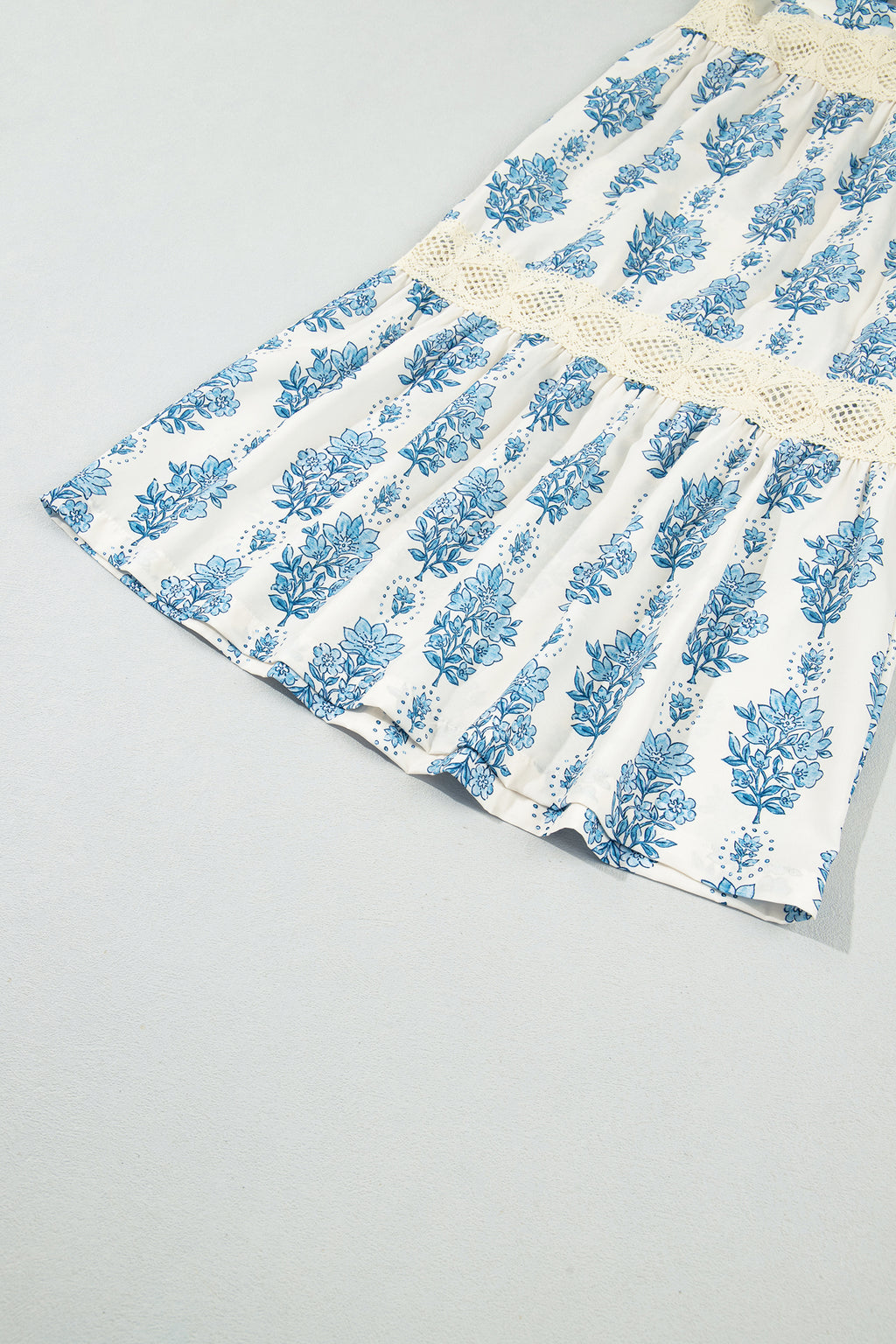 Sky Blue Floral Print Lace Patchwork Detail Wide Leg Pants