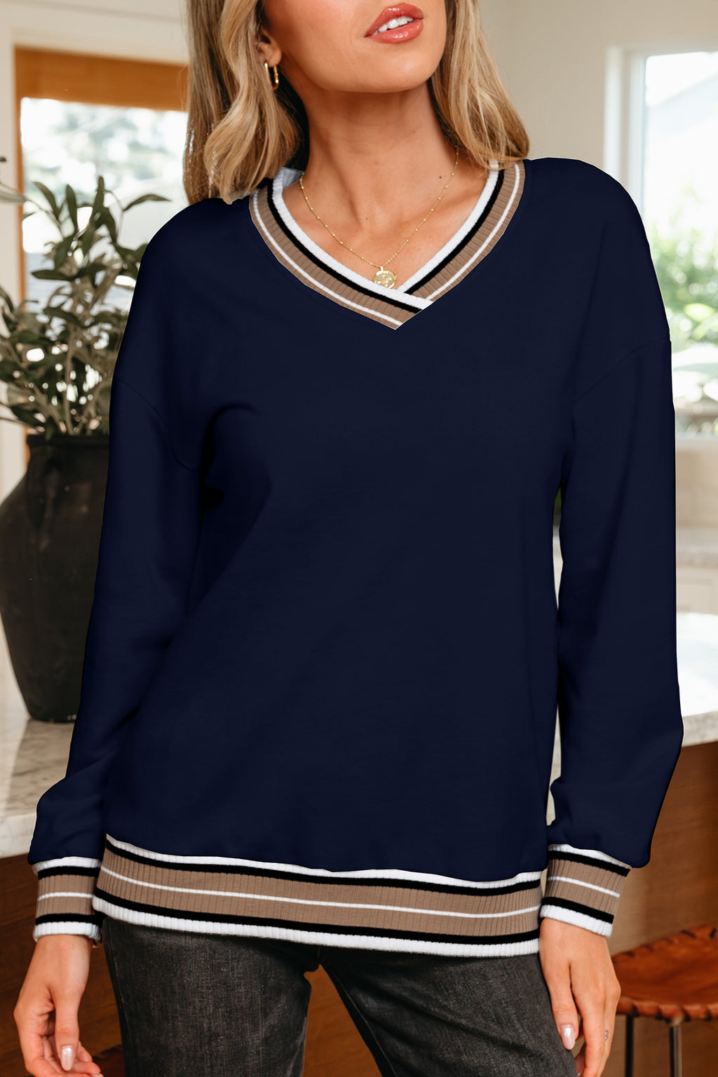 Parchment Varsity Contrast Striped Trim V Neck Sweatshirt