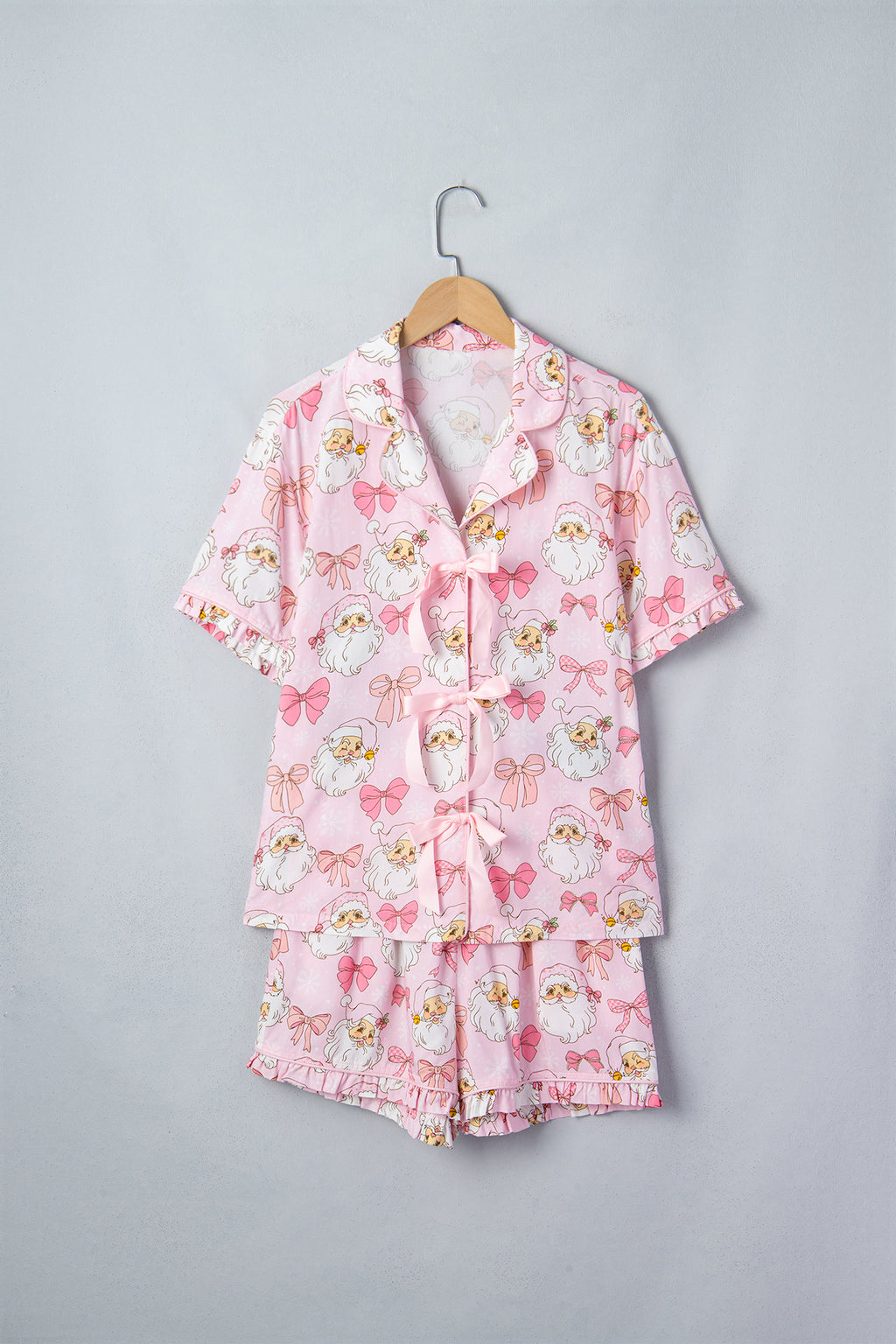 Pink Santa Print Paneling Shift Silhouette Short Sleeve Lounge Set
