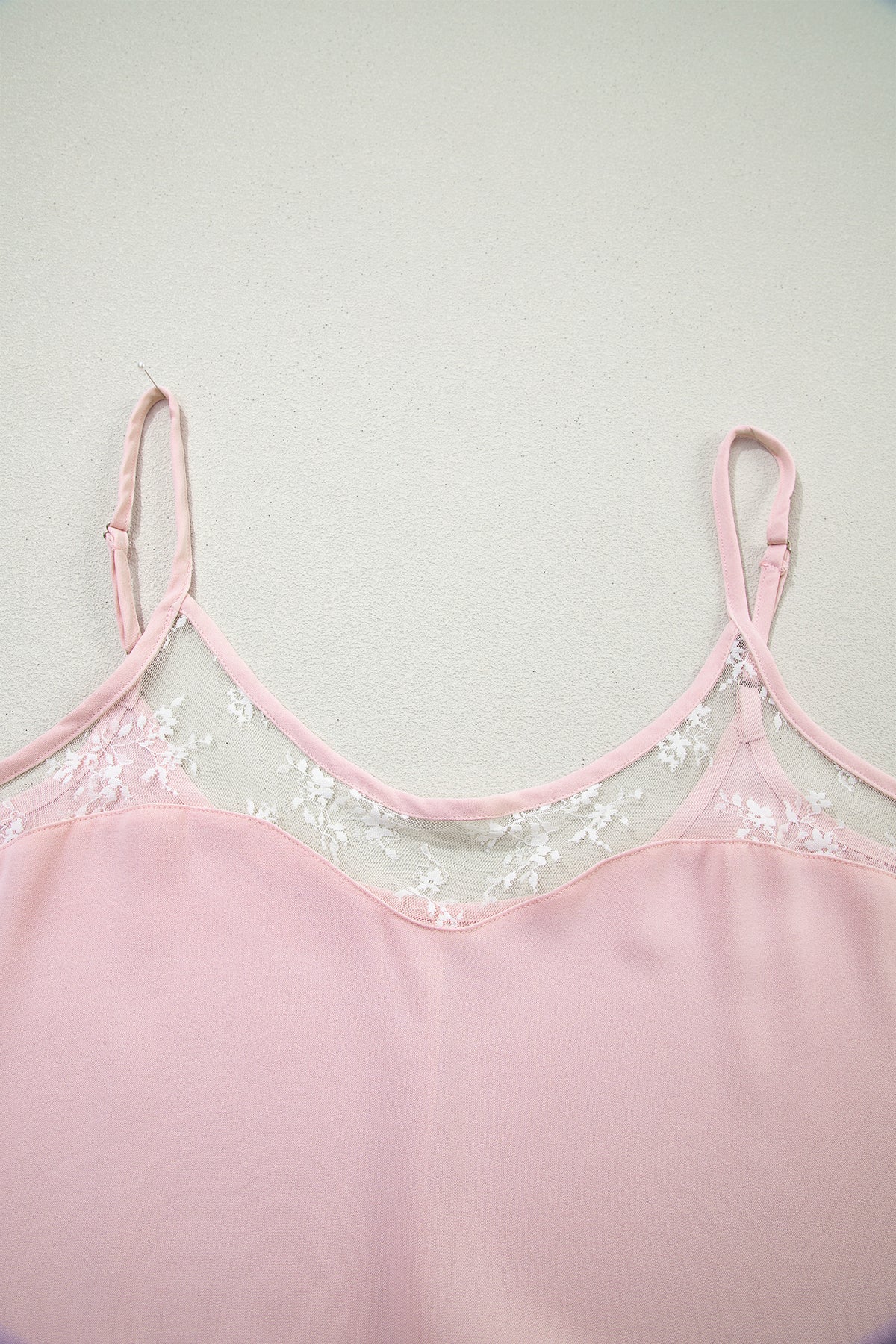 Light Pink Sheer Lace Patchwork Camisole Nightgown Dress